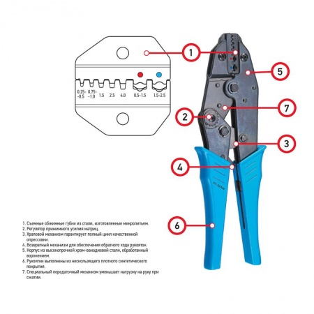 Кримпер комбинированный HT-02525 для обжима изолированных и штыревых наконечников 0,5 - 2,5мм² REXANT