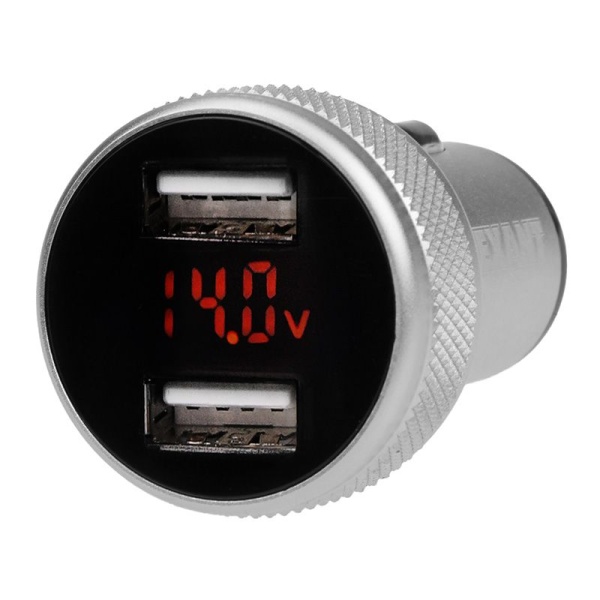 Автозарядка в прикуриватель 2хUSB с дисплеем (АЗУ) (1000+2100 mA) серебристая REXANT