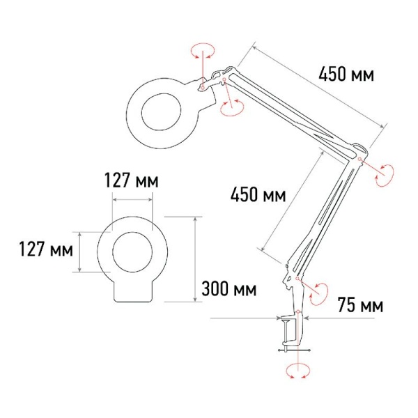 Лупа на струбцине круглая 5D с подсветкой 56 SMD LED, ø127мм, белая REXANT