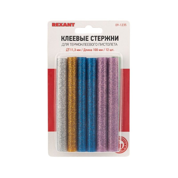 Стержни клеевые Ø11мм, 100мм, цветные с блестками (12 шт/уп), блистер REXANT