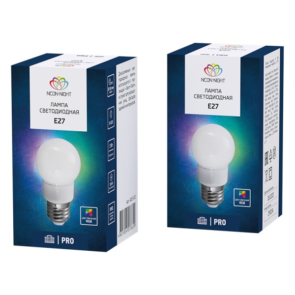 Лампа светодиодная, диаметр 50мм, E27, 9 LED, 3Вт, RGB, матовая колба, 230В NEON-NIGHT