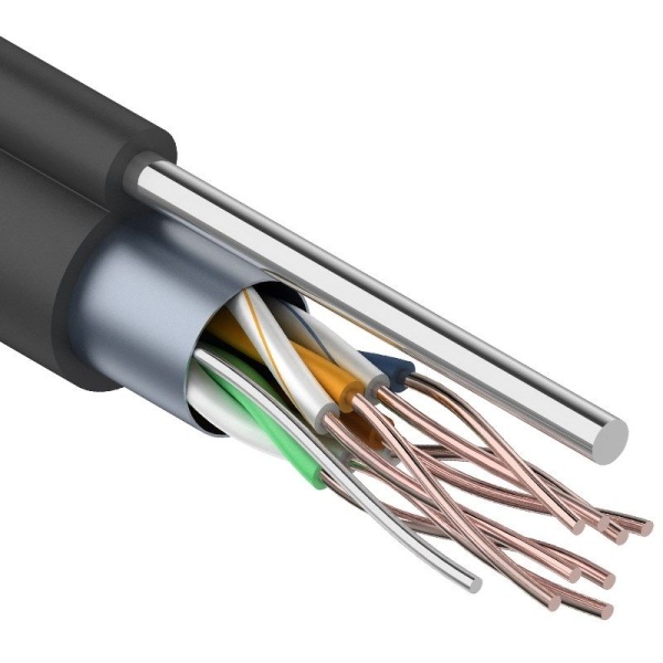 Кабель витая пара F/UTP, CAT 5e, PE, 4PR, 24AWG, OUTDOOR, SOLID, черный, с тросом, 305м, REXANT