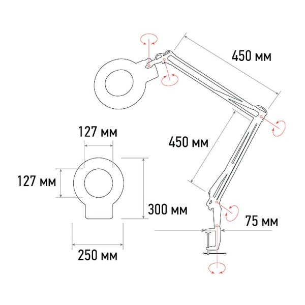 Лупа на струбцине круглая 5D с подсветкой 72 SMD, сенсорный регулятор яркости, ø152мм, белая REXANT