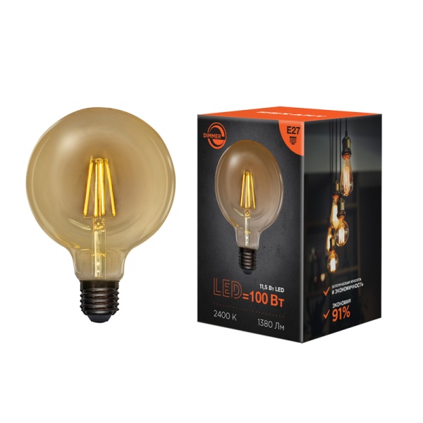 Лампа филаментная LOFT GLOBE A125 11,5Вт 1380Лм 2400K E27 диммируемая золотистая колба REXANT