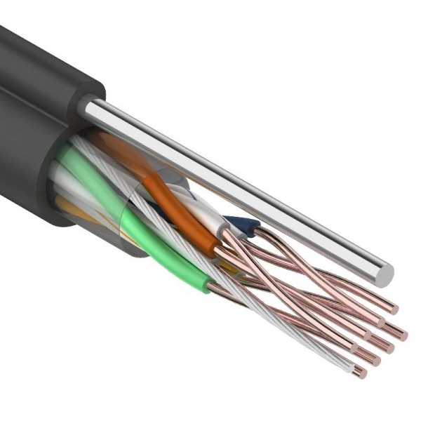 Кабель витая пара U/UTP, CAT 5e, PE, 4PR, 24AWG, OUTDOOR, SOLID, черный, с тросом, 305м, REXANT