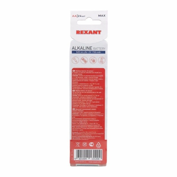 Батарейка алкалиновая AA/LR6, 1,5В, 24 шт, блистер REXANT